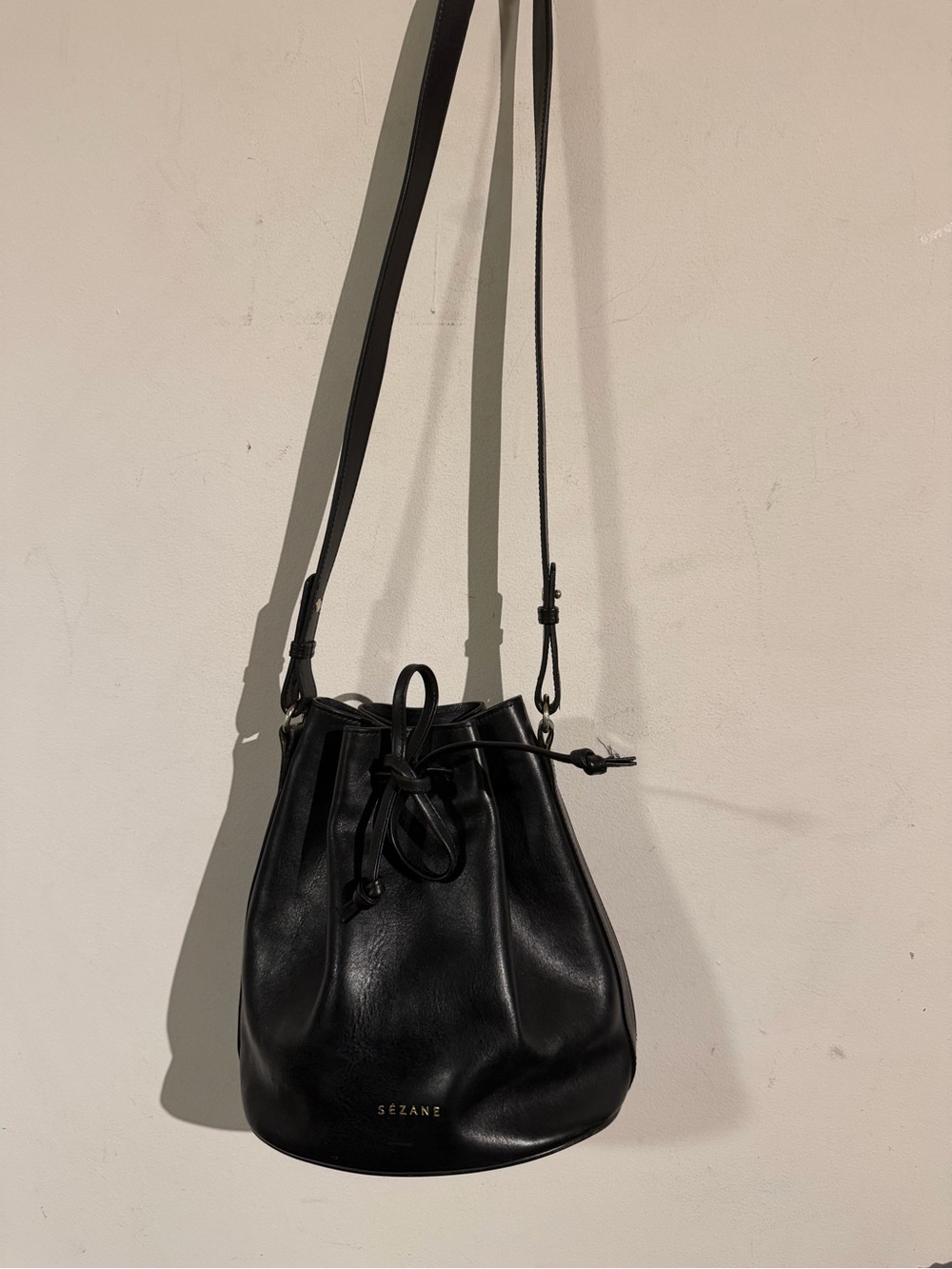 Sezane Black Leather Drawstring Bucket Bag